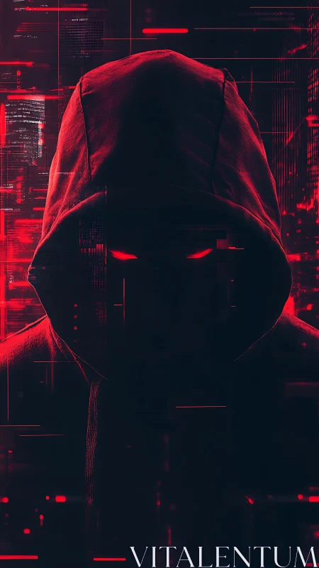 Hooded cyber figure in red digital glitch environment.