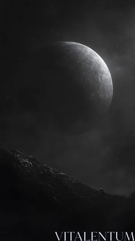 Solitary astronaut studies looming moon above dark ridge