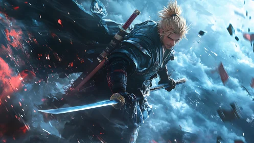 Samurai warrior in dynamic combat stance amid storm clouds.