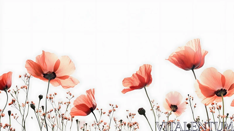 Coral Cosmos Blooms: Whispered Poppies Against Infinite White.