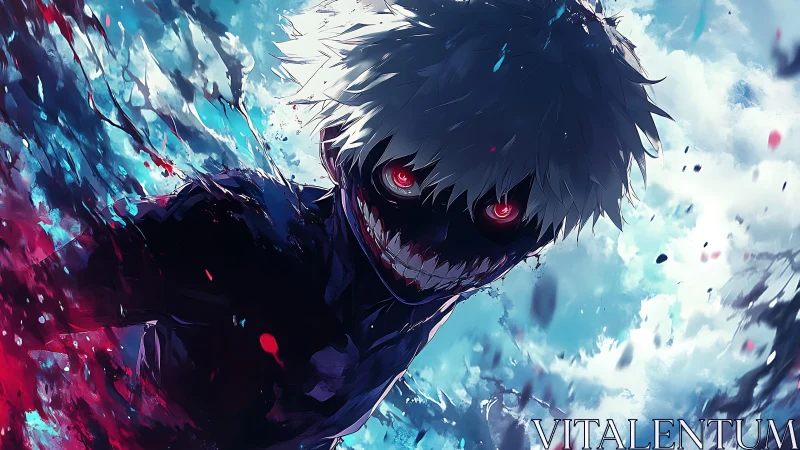 White-haired ghoul with glowing red eyes amid splashes.