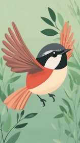 Crimson Robin Takes Flight Among Whispering Green Leaves.