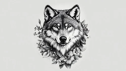 Wolf portrait merges with florals in monochrome elegance