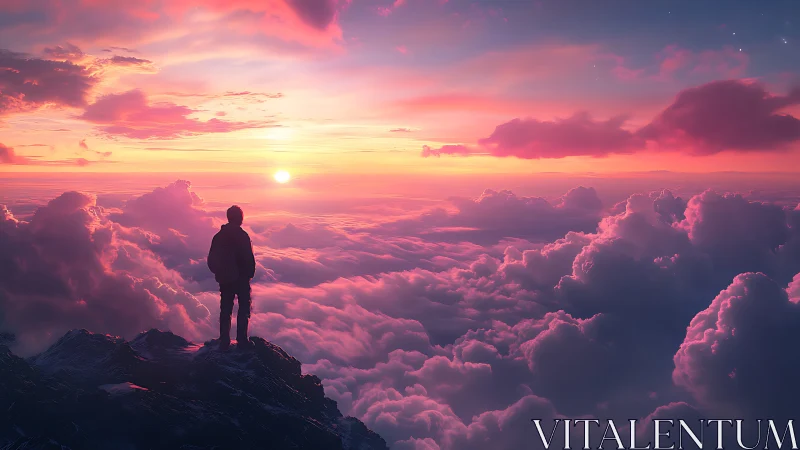 Silhouetted mountaineer above clouds at chromatic sunrise.