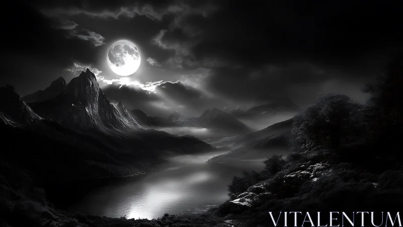 Lunar-illuminated alpine basin with high-contrast tonal stratification.