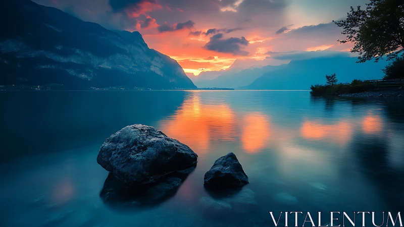 Mountain lake shoreline with rocks at vivid sunset light.