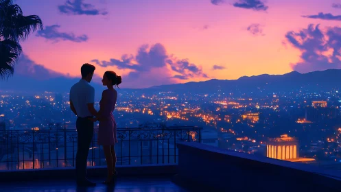 Couple Watches Glowing City at Twilight from High Balcony.