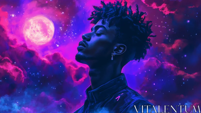 Neon-lit dreamer beneath glowing cosmic moonrise sky.