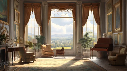 Sunlit neoclassical salon framing pastoral valley view.