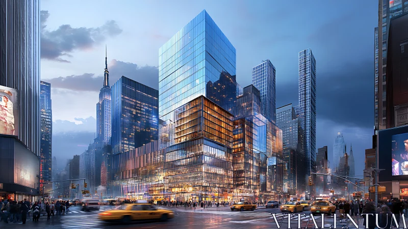 Manhattan street intersection at dusk with commercial buildings.