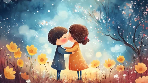 Two figures kiss amid golden flowers beneath magical blue sky