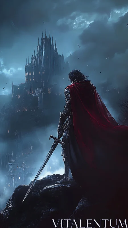 Armored swordsman overlooking gothic citadel in moonlit fog