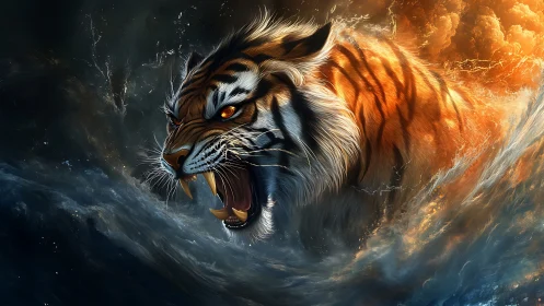 Digital rendering of tiger emerging through water and clouds.