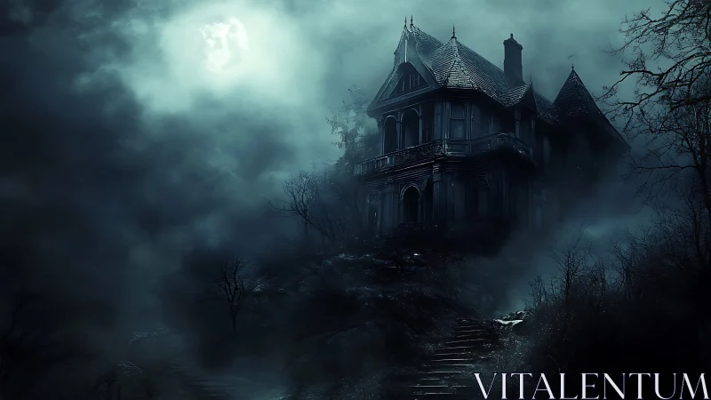 Moonlit Victorian mansion rises through dense haunted fog