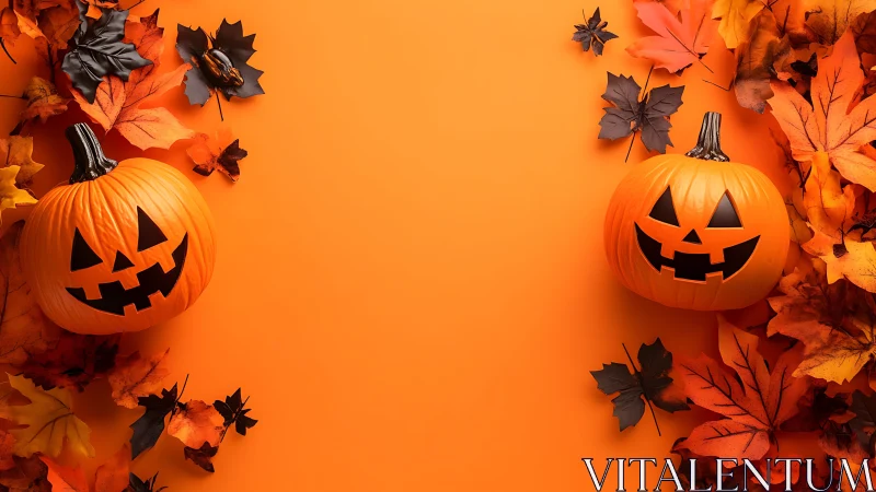 Glowing jack-o&rsquo;-lantern pumpkins frame a vivid Halloween scene