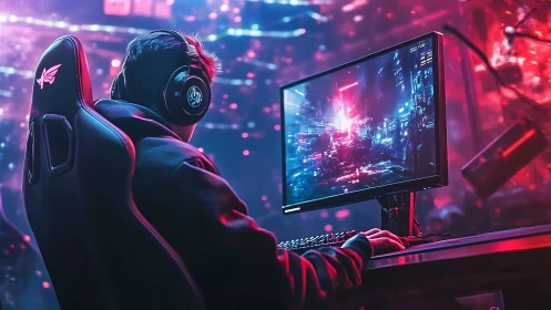 Neon gamer settles into a glowing cyber city adventure at night