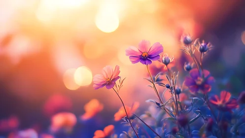 Pink cosmos flowers against glowing sunset bokeh sky.