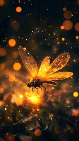 Luminous firefly drifts through glowing golden bokeh night.