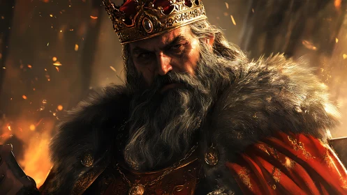Battle-scarred king glares through embers in his burning hall