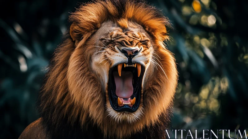 Male lion mid-roar with open jaws and extended mane.