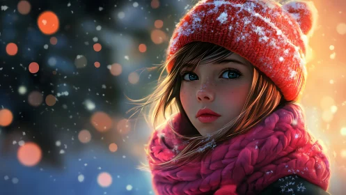 Snowlit girl in red knit hat wrapped in glowing winter hush.