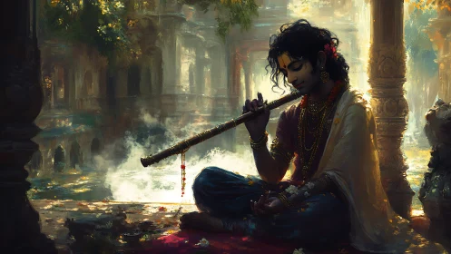Gentle flute player rests by glowing waters in soft golden light