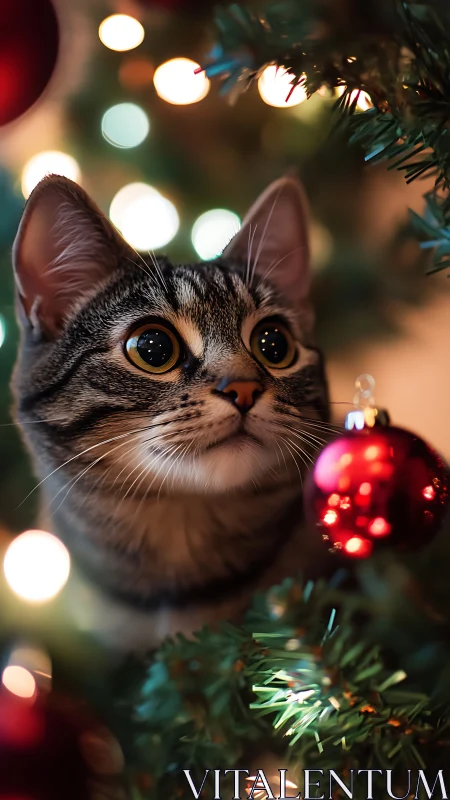 Wide-eyed holiday cat studying a sparkling red ornament.