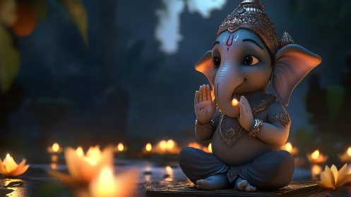 Chibi Ganesha idol glows amid lotus diyas in cinematic 3D render