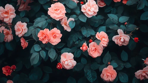 Coral Roses Against Teal Foliage: A Botanical Study.