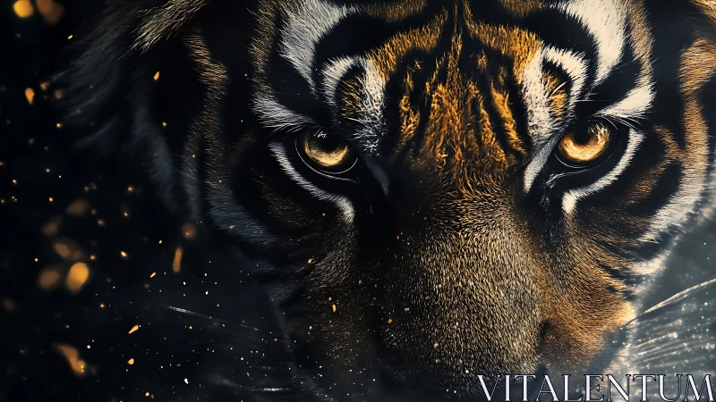 Macro-intensified tiger gaze with ember particle dispersion.