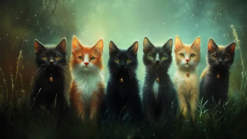 Six cats in mystical forest with glowing green light.