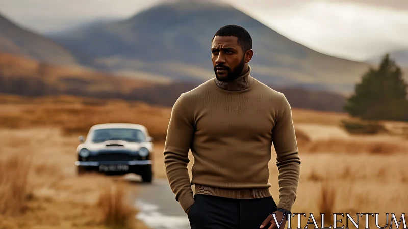 Quiet road swagger with classic car and rolling hills.