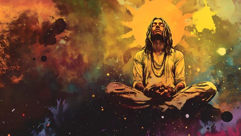 Meditating figure under radiant sun in cosmic color field.