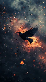 Black bird silhouette crosses luminous ember-filled sky