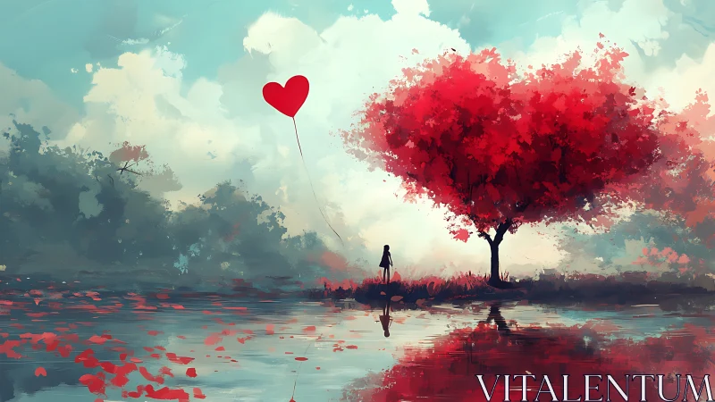Solitary figure contemplating red tree and suspended heart symbol.