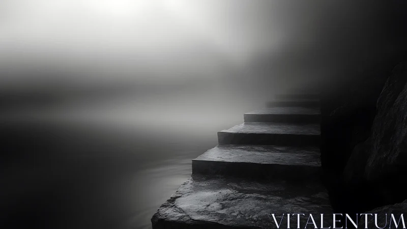 Stone steps fading into dense fog over still water.