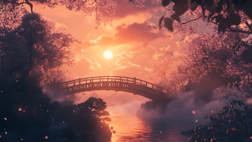 Sunlit wooden bridge spans a misty cherry blossom riverscape.
