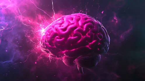 Glowing pink human brain with electric energy field.