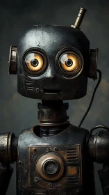 Rusty-eyed retro robot stares ahead with curious warmth
