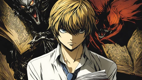 Intense blond student flanked by demonic entities and grimoires