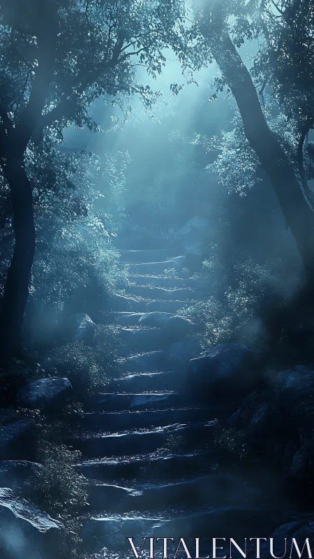 Blue mist filters over stone forest steps in diffused skylight