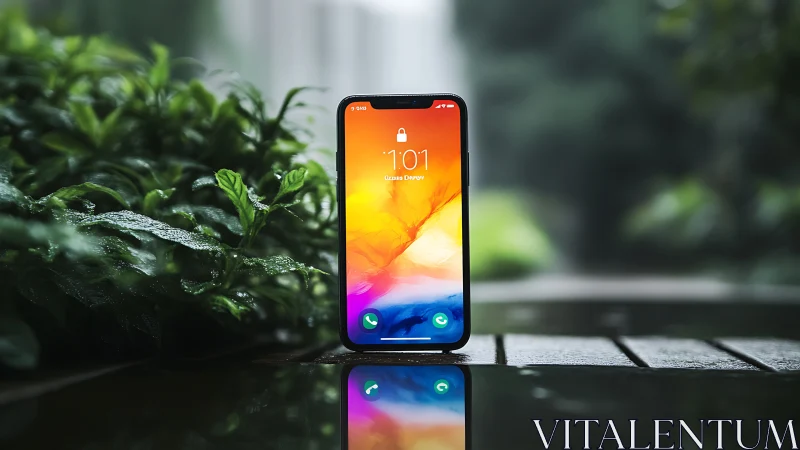 Smartphone with vibrant gradient lock screen displayed outdoors.