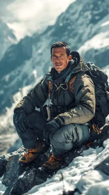 Male mountaineer resting on snowy rocky mountain slope.