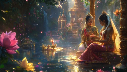 Mythic riverside mandala with devotional figures and temple light