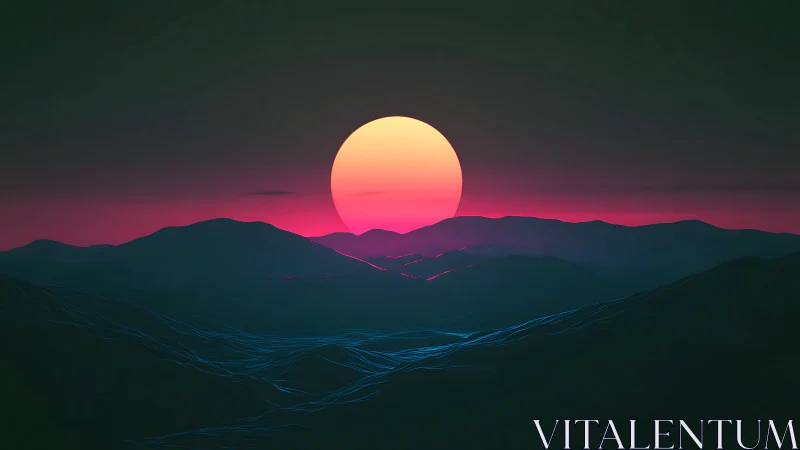 Neon sun over dark mountains in stylized digital landscape.