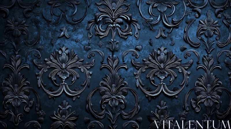 Ornate dark blue baroque floral pattern glows in relief.