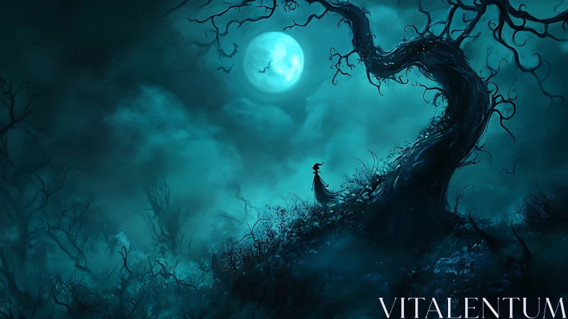 Lone silhouette stands under twisted tree in moonlit fog.
