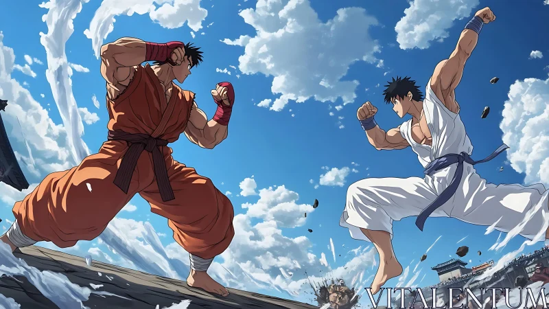 Martial artists clash mid-air under dramatic swirling clouds.