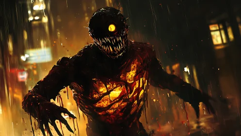 Molten-eyed horror advances through rain-soaked urban alley