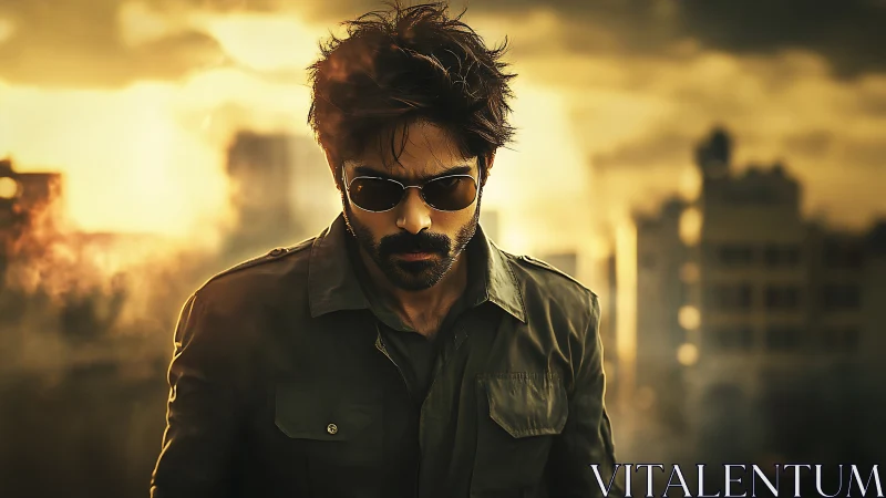 Storm-browed drifter walks through molten urban twilight